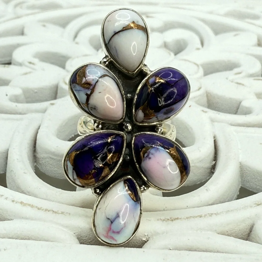 Sterling Silver Purple Dahlia Statement Ring – Size 8 Adjustable
